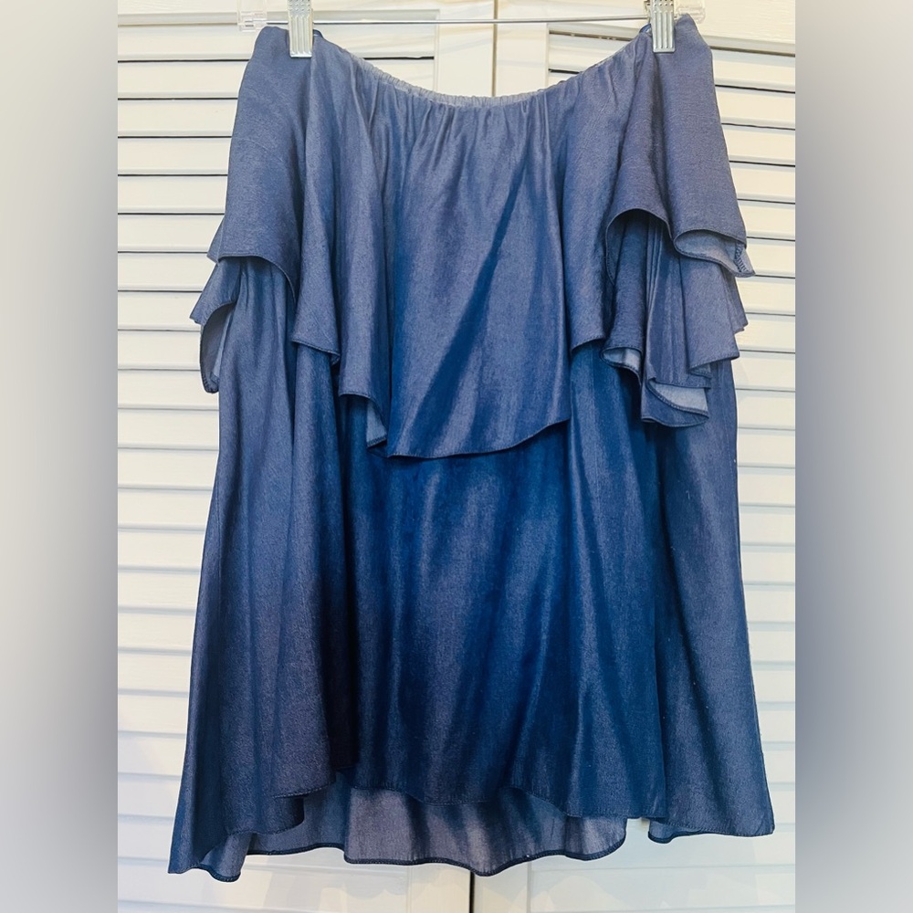 MLM, THE LABEL. Women’s “Maison” Chic Off The Shoulders Ruffled Blue Blouse